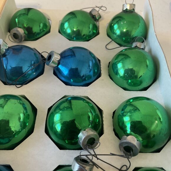 Vintage Pyramid Christmas Ornaments One Box of 15 Blue Green Glass Bulbs 2” - Picture 4 of 10